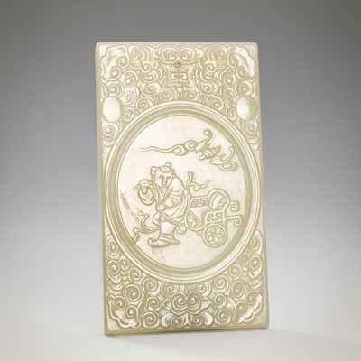 Lot 982 - A PALE CELADON JADE ‘BOY AND BIRDS’ PLAQUE, LATE QING DYNASTY TO REPUBLIC PERIOD