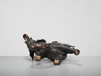 Lot 51 - TSUNEMITSU: A LARGE INLAID BRONZE OKIMONO OF AN ELEPHANT FIGHTING OFF TWO TIGERS