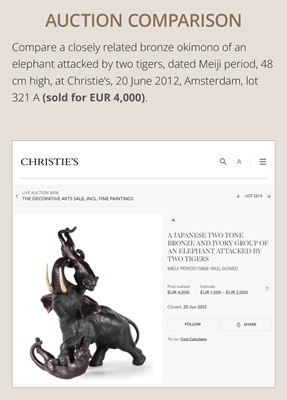 Lot 51 - TSUNEMITSU: A LARGE INLAID BRONZE OKIMONO OF AN ELEPHANT FIGHTING OFF TWO TIGERS
