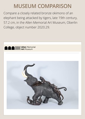 Lot 51 - TSUNEMITSU: A LARGE INLAID BRONZE OKIMONO OF AN ELEPHANT FIGHTING OFF TWO TIGERS