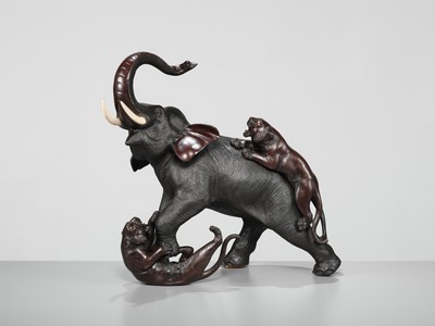 Lot 51 - TSUNEMITSU: A LARGE INLAID BRONZE OKIMONO OF AN ELEPHANT FIGHTING OFF TWO TIGERS