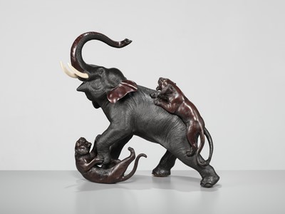 Lot 51 - TSUNEMITSU: A LARGE INLAID BRONZE OKIMONO OF AN ELEPHANT FIGHTING OFF TWO TIGERS