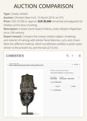 Lot 195 - A RED SANDSTONE HEAD OF VISHNU, WESTERN RAJASTHAN, 12TH-13TH CENTURY