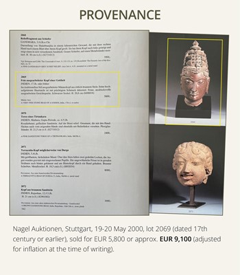 Lot 195 - A RED SANDSTONE HEAD OF VISHNU, WESTERN RAJASTHAN, 12TH-13TH CENTURY