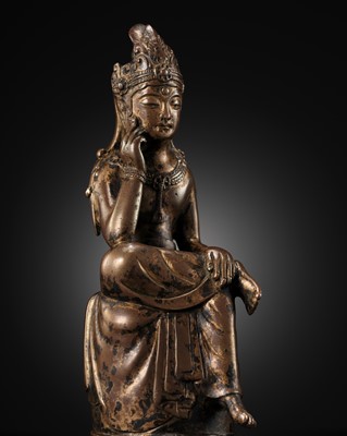 Lot 171 - A GILT-BRONZE FIGURE OF A PENSIVE BODHISATTVA, GORYEO DYNASTY