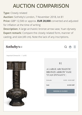 Lot 385 - A LARGE AND INSCRIBED BRONZE ARROW VASE, TOUHU, YUAN DYNASTY