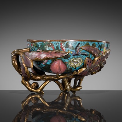 Lot 406 - A CLOISONNÉ AND CHAMPLEVÉ ENAMEL PEACH-FORM BRUSHWASHER, QING DYNASTY