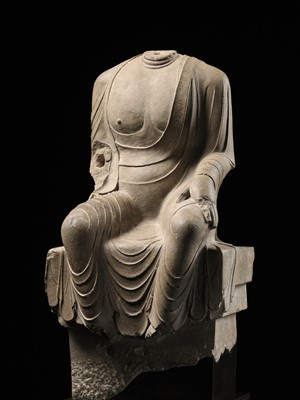 Lot 38 - AN IMPORTANT AND RARE WHITE MARBLE TORSO OF BUDDHA MAITREYA, TANG DYNASTY, CIRCA 690 -700 AD