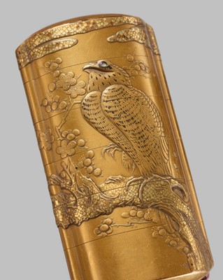 KOMA KOKAKUSAI: A SUPERB FIVE-CASE GOLD LACQUER INRO WITH AN EAGLE ON A CHERRY BRANCH