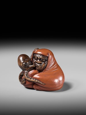 Lot 169 - A SUPERB AND RARE LACQUERED WOOD NETSUKE OF DARUMA AND OCTOPUS, CIRCLE OF IKKYU AND ITTOKUSAI