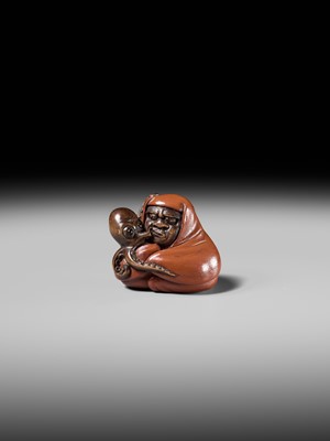 Lot 169 - A SUPERB AND RARE LACQUERED WOOD NETSUKE OF DARUMA AND OCTOPUS, CIRCLE OF IKKYU AND ITTOKUSAI