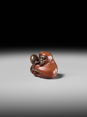 Lot 169 - A SUPERB AND RARE LACQUERED WOOD NETSUKE OF DARUMA AND OCTOPUS, CIRCLE OF IKKYU AND ITTOKUSAI