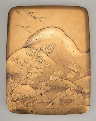 Lot 112 - A GOLD LACQUER KOBAKO DEPICTING A RIVER LANDSCAPE