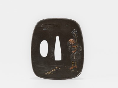 Lot 570 - SETSUSAN: A FINE SHIBUICHI TSUBA OF A CORMORANT FISHERMAN