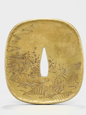 Lot 101 - BUNSHOSEI: A SUPERB INLAID SENTOKU TSUBA DEPICTING A CHINESE GENERAL