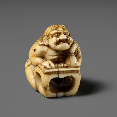 Lot 58 - AN IVORY NETSUKE OF A REPENTANT ONI