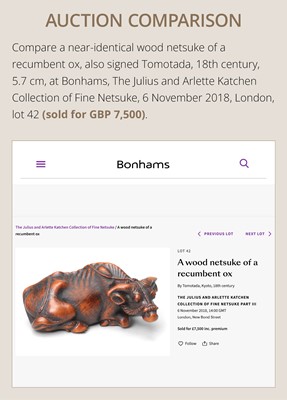 Lot 147 - A SUPERB WOOD NETSUKE OF A RECUMBENT OX, ATTRIBUTED TO OKATOMO
