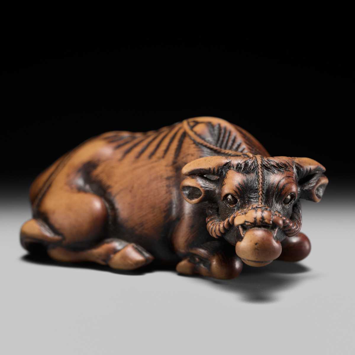 Lot 147 - A SUPERB WOOD NETSUKE OF A RECUMBENT OX, ATTRIBUTED TO OKATOMO