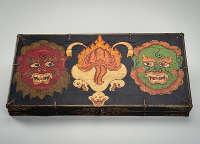 Lot 1466 - A POLYCHROME WOOD BOX WITH SURGICAL INSTRUMENTS, TIBET, LATE 19TH CENTURY