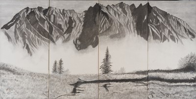 Lot 246 - A FOUR-PANEL BYOBU (FOLDING SCREEN) WITH MOUNTAIN LANDSCAPE