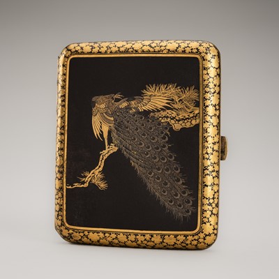 Lot 39 - A KOMAI-STYLE GOLD INLAID IRON CIGARETTE CASE WITH A PEACOCK AND BUTTERFLIES