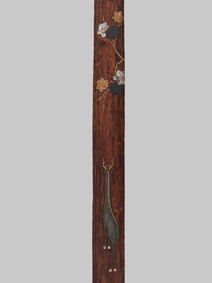 Lot 350 - A RARE RINPA STYLE LACQUERED AND INLAID KIRI WOOD WALL PANEL WITH DEER AND MAPLE LEAVES