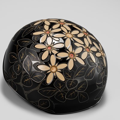 Lot 343 - TATSUYA MATSUMOTO: A SUPERB CHOSHITSU (CARVED LACQUER) BOX AND COVER WITH TACHIBANA BLOSSOMS