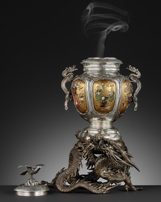 Lot 356 - A LARGE AND FINE SHIBAYAMA-INLAID, LACQUERED AND ENAMELED SILVER ‘DRAGON’ KORO (INCENSE BURNER) AND COVER