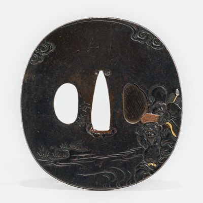 Lot 542 - YASUCHIKA: A SHIBUICHI TSUBA WITH DAIKOKU AND FUKUROKUJU CROSSING A RIVER