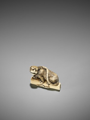 Lot 66 - AN EXCELLENT KYOTO SCHOOL IVORY NETSUKE OF A TIGER ON BAMBOO
