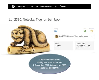 Lot 66 - AN EXCELLENT KYOTO SCHOOL IVORY NETSUKE OF A TIGER ON BAMBOO