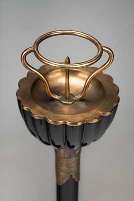 Lot 135 - A LARGE PAIR OF BLACK LACQUERED CANDLESTICKS