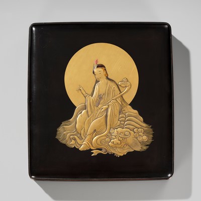 Lot 302 - A SUPERB LACQUER SUZURIBAKO DEPICTING MONJU BOSATSU (MANJUSHRI) ON A SHISHI