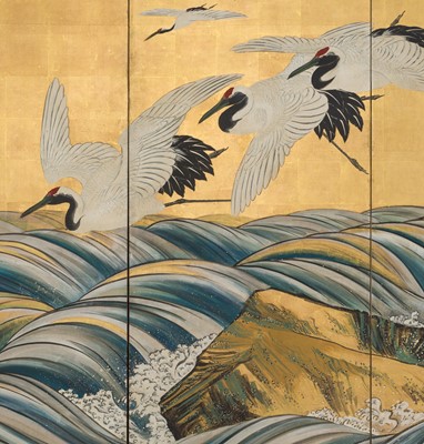 Lot 236 - AN IMPRESSIVE SIX-PANEL BYOBU (FOLDING SCREEN) WITH TANCHOZURU (RED-CROWNED CRANES) FLYING OVER TURBULENT WAVES