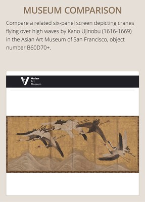 Lot 236 - AN IMPRESSIVE SIX-PANEL BYOBU (FOLDING SCREEN) WITH TANCHOZURU (RED-CROWNED CRANES) FLYING OVER TURBULENT WAVES