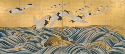 Lot 236 - AN IMPRESSIVE SIX-PANEL BYOBU (FOLDING SCREEN) WITH TANCHOZURU (RED-CROWNED CRANES) FLYING OVER TURBULENT WAVES