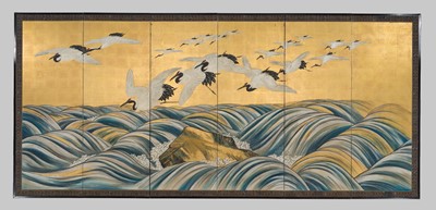 Lot 236 - AN IMPRESSIVE SIX-PANEL BYOBU (FOLDING SCREEN) WITH TANCHOZURU (RED-CROWNED CRANES) FLYING OVER TURBULENT WAVES
