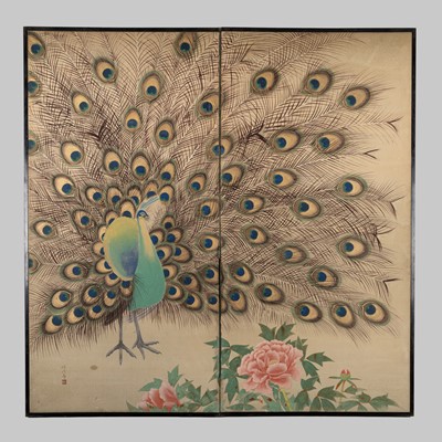 Lot 576 - TOKIAKI: A TWO-PANEL BYOBU (FOLDING SCREEN) WITH A DANCING PEACOCK