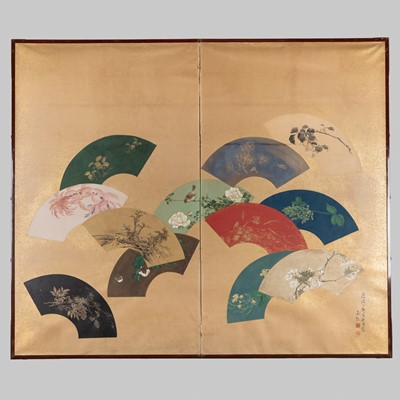 Lot 577 - KOSE SHOSEKI: A TWO-PANEL BYOBU (FOLDING SCREEN) WITH FANS