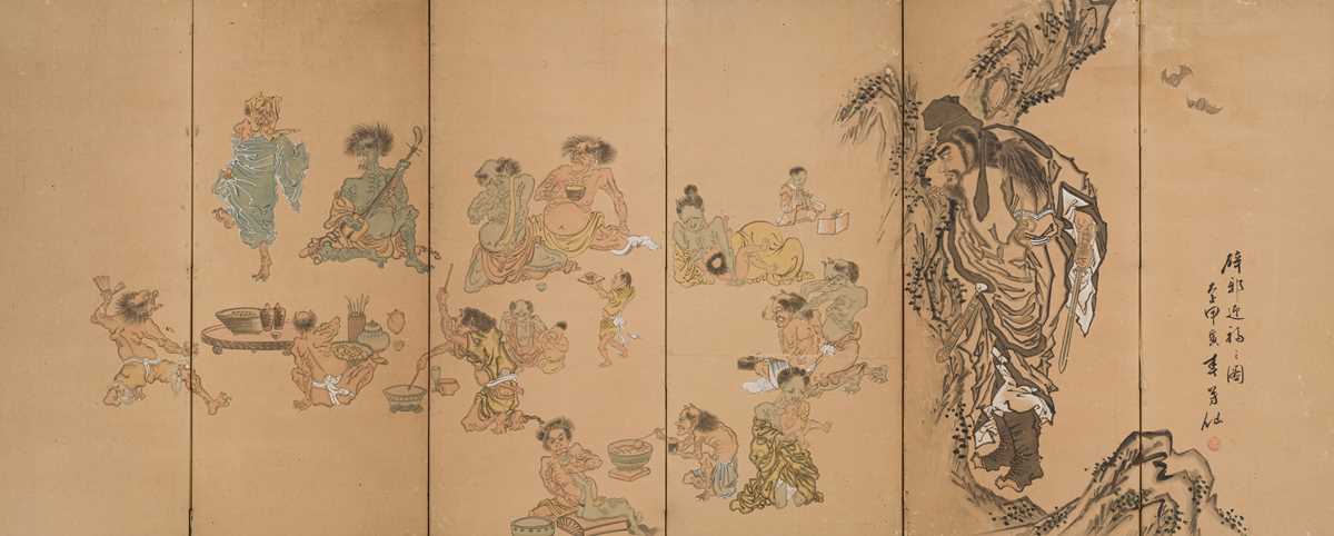 Lot 244 - HOSEN: AN IMPRESSIVE AND RARE SIX-PANEL BYOBU (FOLDING SCREEN) WITH SHOKI AND PEACEFUL ONI