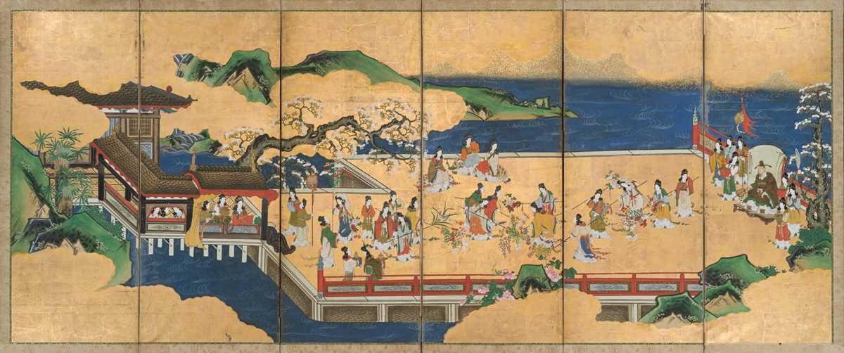 Lot 242 - A FINE KANO SCHOOL SIX-PANEL BYOBU (FOLDING SCREEN) WITH BEAUTIES PERFORMING AN IMPERIAL FLOWER DANCE