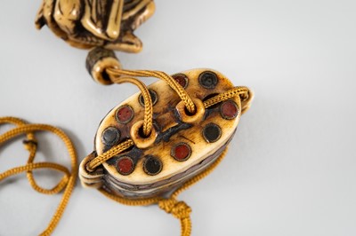 Lot 1441 - AN ENAMELED MINIATURE TWO-CASE ANTLER INRO WITH NETSUKE AND OJIME