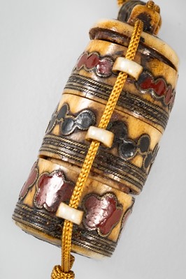 Lot 1441 - AN ENAMELED MINIATURE TWO-CASE ANTLER INRO WITH NETSUKE AND OJIME