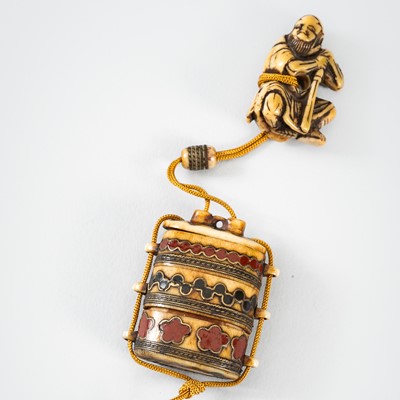 Lot 1441 - AN ENAMELED MINIATURE TWO-CASE ANTLER INRO WITH NETSUKE AND OJIME