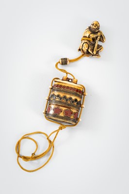 Lot 1441 - AN ENAMELED MINIATURE TWO-CASE ANTLER INRO WITH NETSUKE AND OJIME