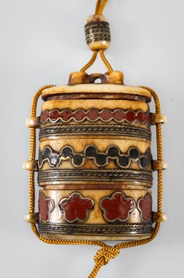 Lot 1441 - AN ENAMELED MINIATURE TWO-CASE ANTLER INRO WITH NETSUKE AND OJIME