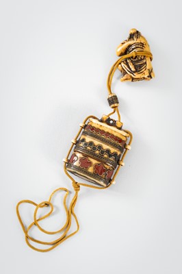 Lot 1441 - AN ENAMELED MINIATURE TWO-CASE ANTLER INRO WITH NETSUKE AND OJIME