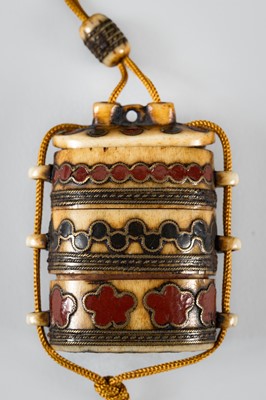 Lot 1441 - AN ENAMELED MINIATURE TWO-CASE ANTLER INRO WITH NETSUKE AND OJIME
