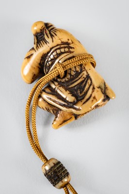Lot 1441 - AN ENAMELED MINIATURE TWO-CASE ANTLER INRO WITH NETSUKE AND OJIME