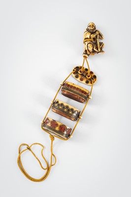 Lot 1441 - AN ENAMELED MINIATURE TWO-CASE ANTLER INRO WITH NETSUKE AND OJIME
